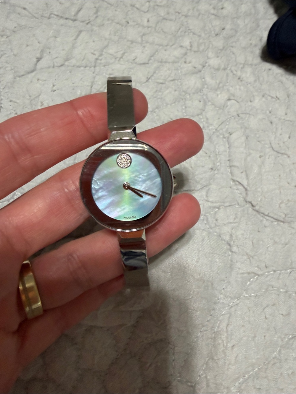 Movado Silver Bracelet Watch with Iridescent Mother-of-Pearl Dial